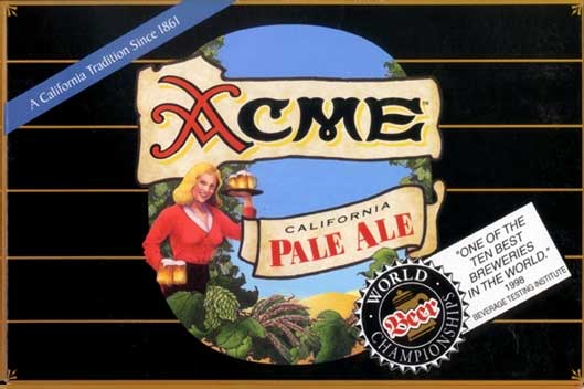 North Coast Brewing COmpany's original Aceme Ale packaging with illustration by Carol Baker