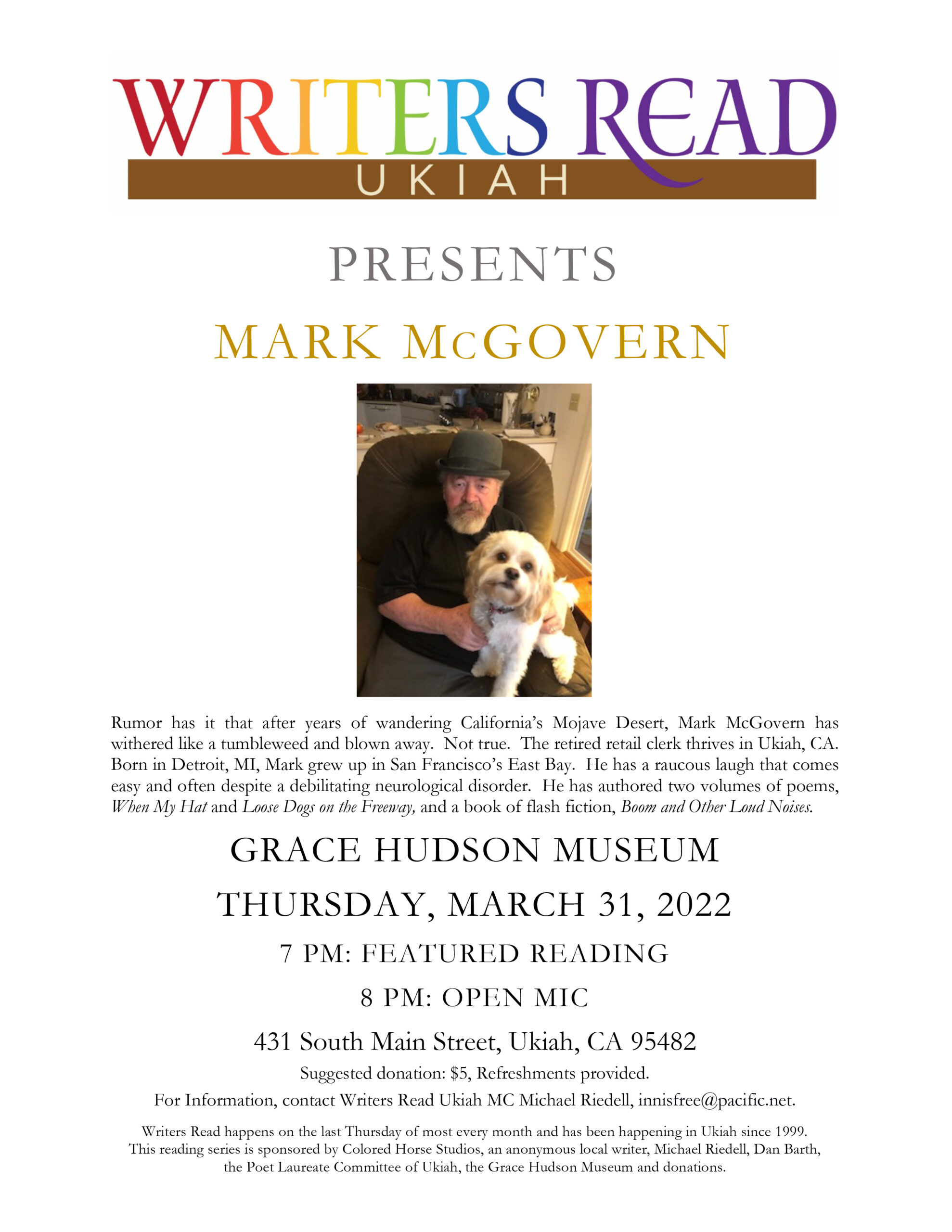 Mark McGovern Writers Read Ukiah flyer