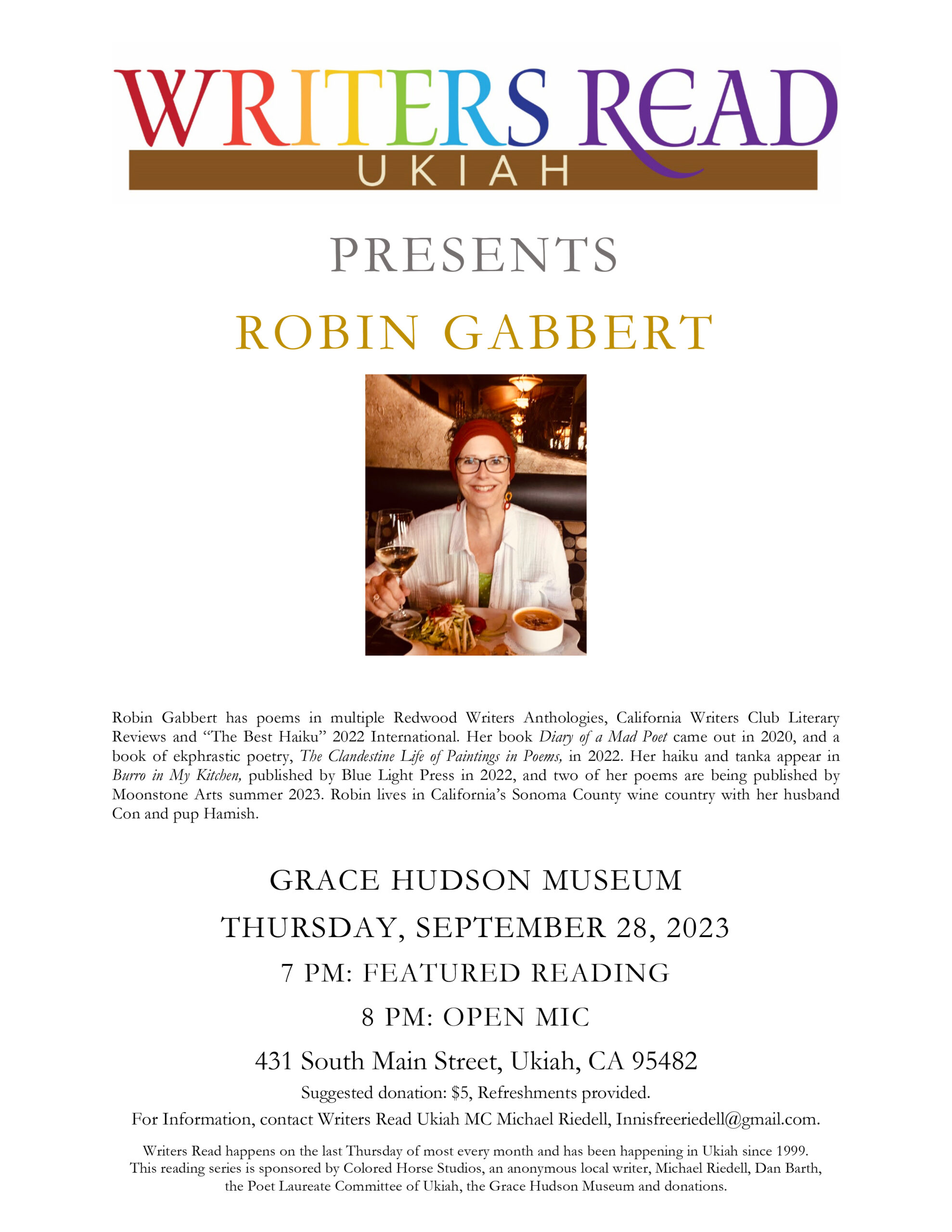 Robin Gabbert, featured reader for Writers Read on 09/28/23