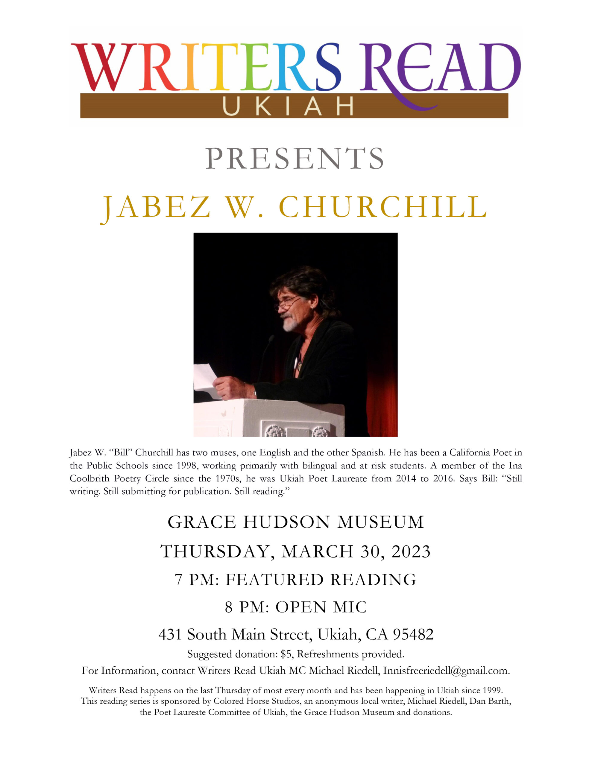 Jabez W. Churchill, Writers Read Flyer