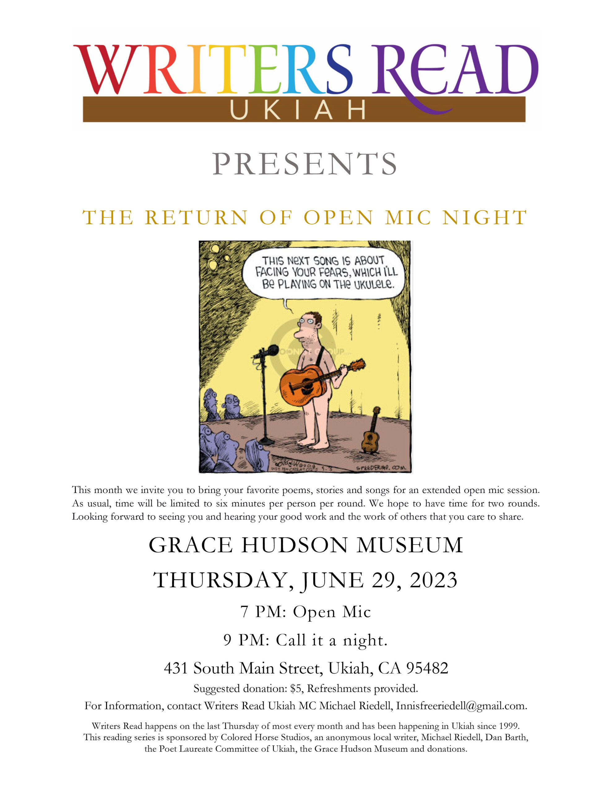 Writers Read Open Mic Night flyer.June 2023