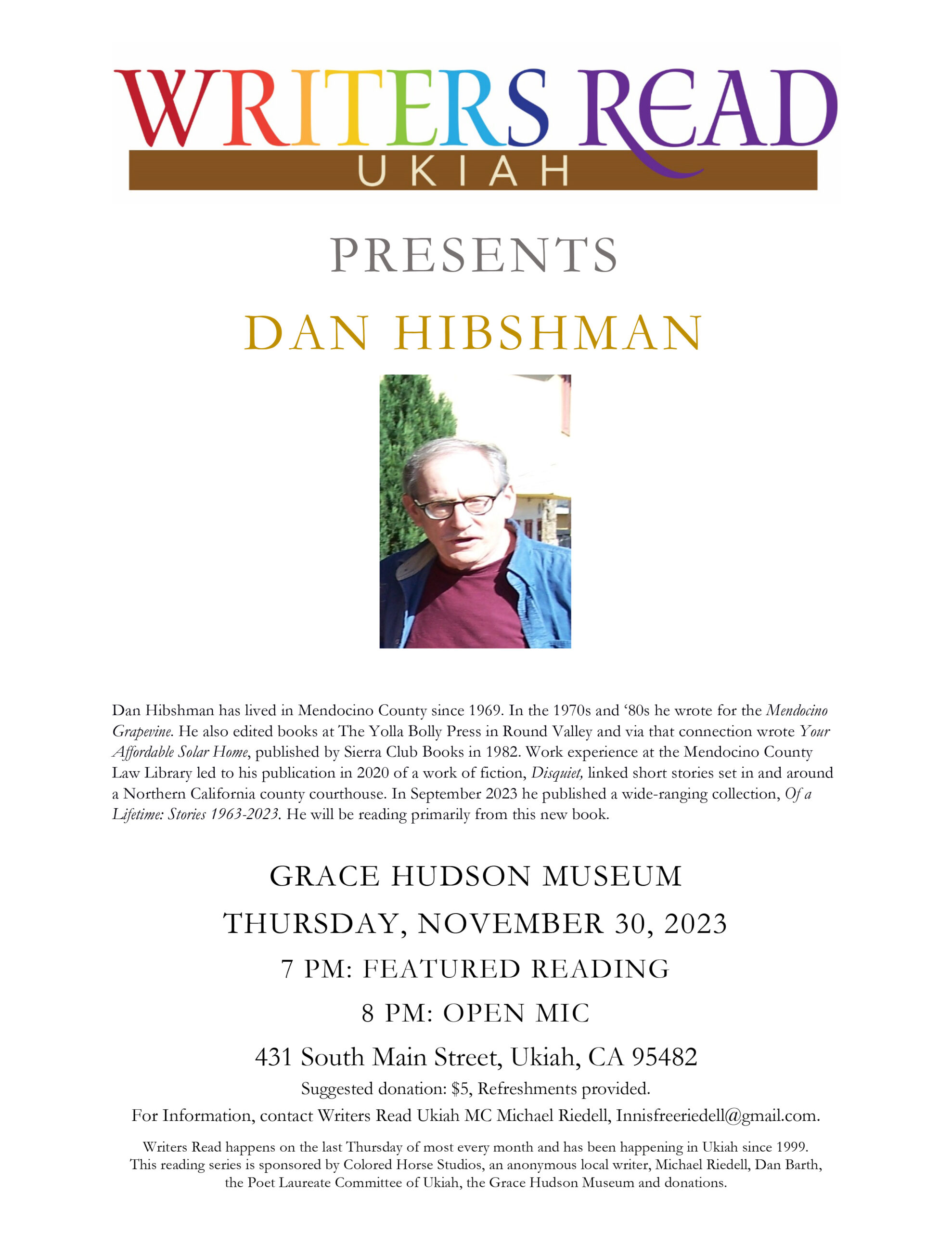 Dan Hibshman, featured reader for Writers Read on 11/30/23