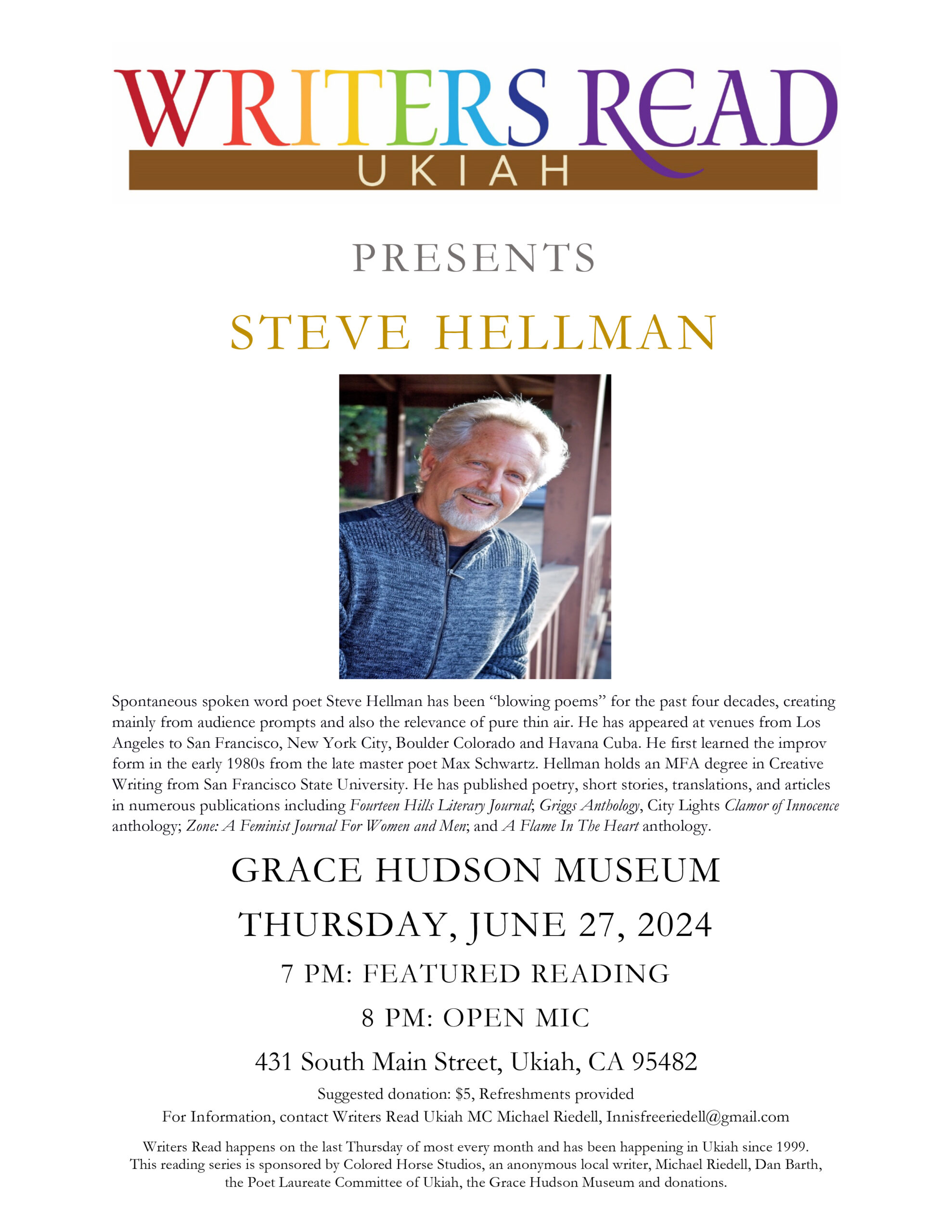 Steve Hellman, featured reader for Writers Read on 6/27/24
